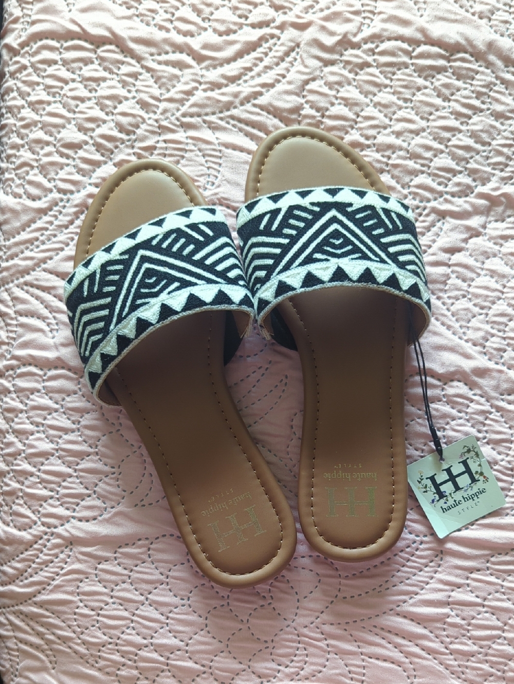 Haute Hippie Black & White Geometric Slide Sandals